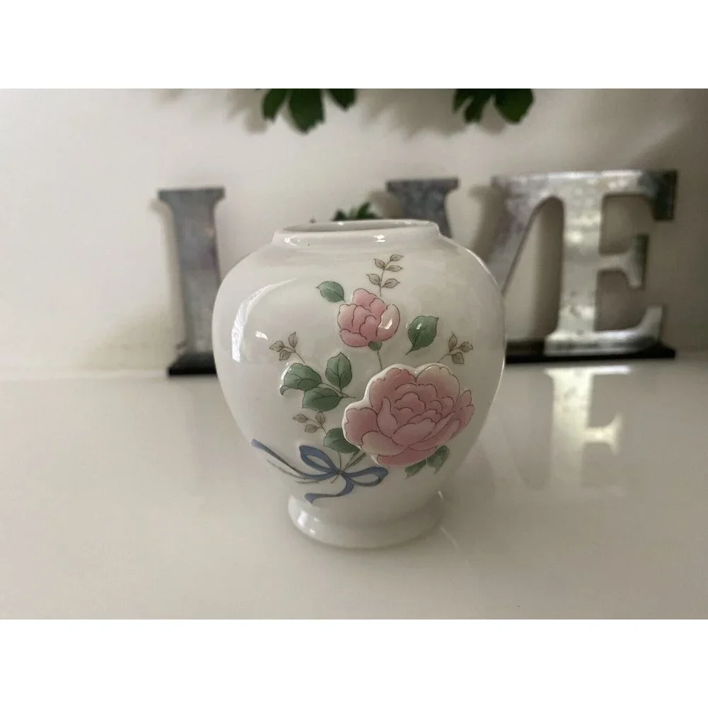 Vintage Japan Mini Vase 3D Raised Roses Porcelain Collectible White and Pink EUC